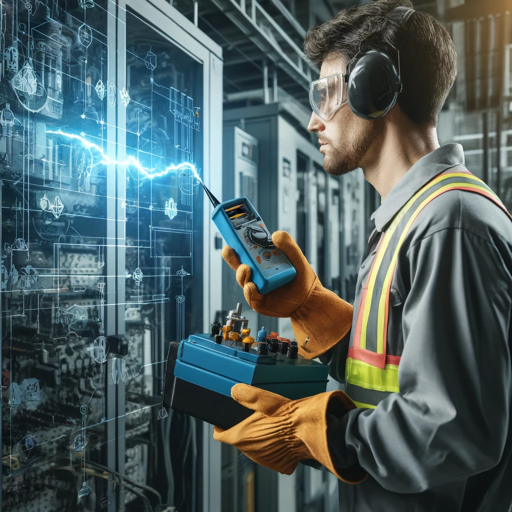 An electrical maintenance technician wearing safety gear and operating a surge tester on industrial equipment. The image shows high-voltage pulses graphically represented, with a detailed industrial background featuring various electrical components and systems. The surge tester device is prominently displayed, emphasizing the benefits of using surge testers for electrical equipment maintenance, including safety, precision, and technical expertise.