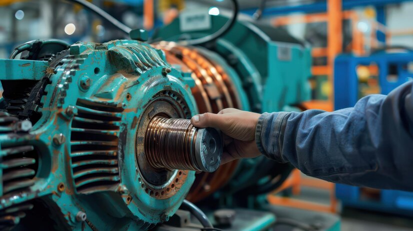 Technician adjusting copper coils inside an industrial motor in a manufacturing setting