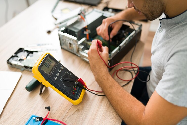 Technician using a multimeter to test electronic components inside a device