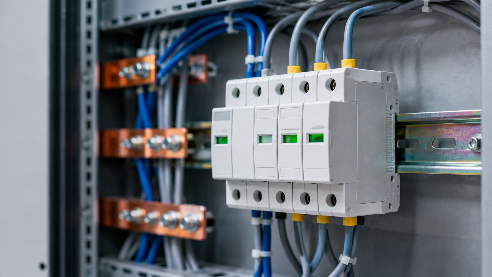 Surge protection device mounted on DIN rail inside an industrial low voltage distribution panel