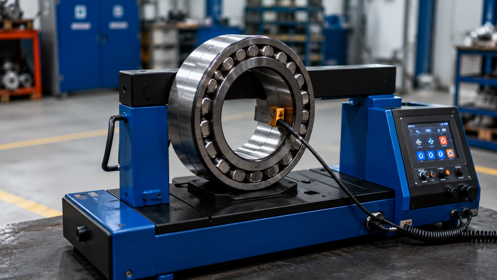 Bearing induction heater heating a roller bearing on a yoke with magnetic temperature probe attached