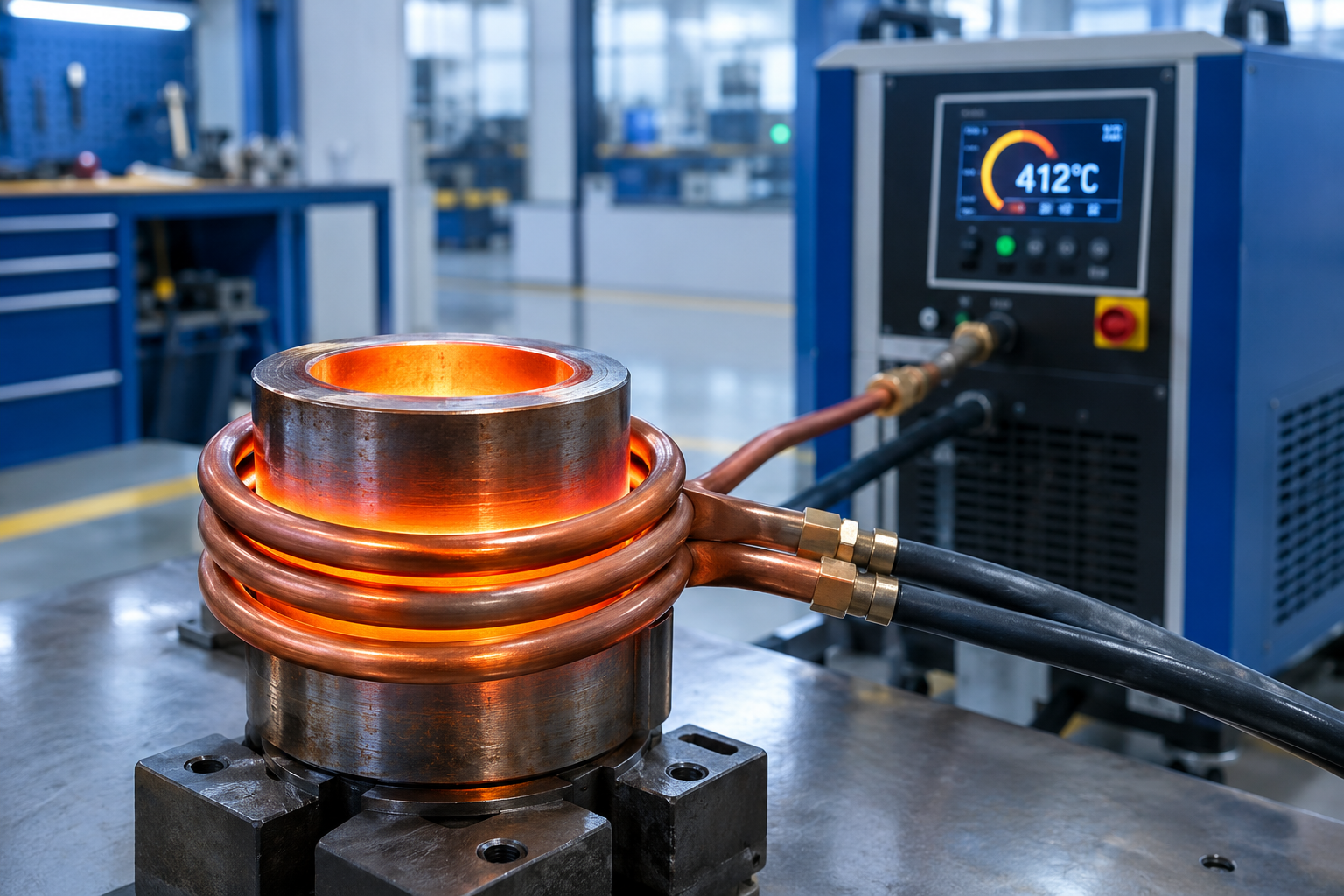 Steel bushing glowing orange inside copper induction heating coil with digital temperature control unit