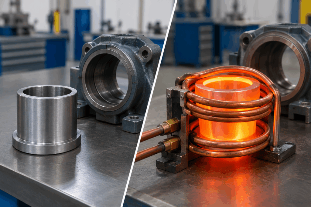 Comparison of cool metal bushing before and during induction heating showing orange thermal glow
