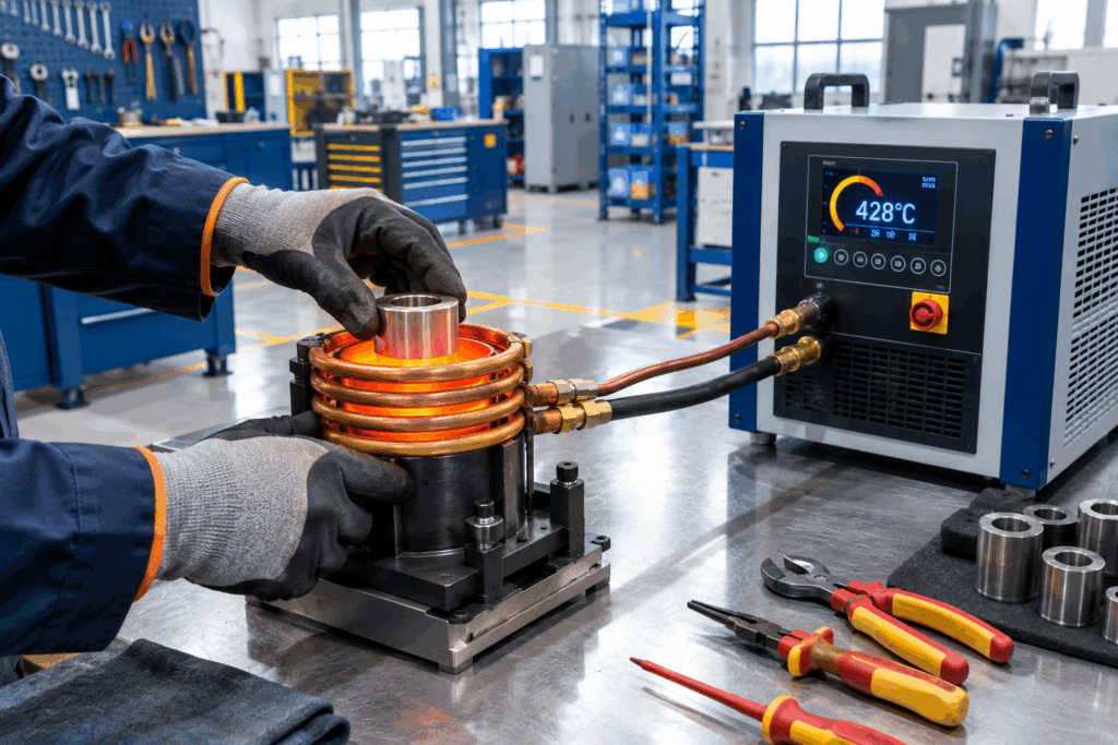 Technician using induction heater to heat a metal bushing for press-fit installation in workshop