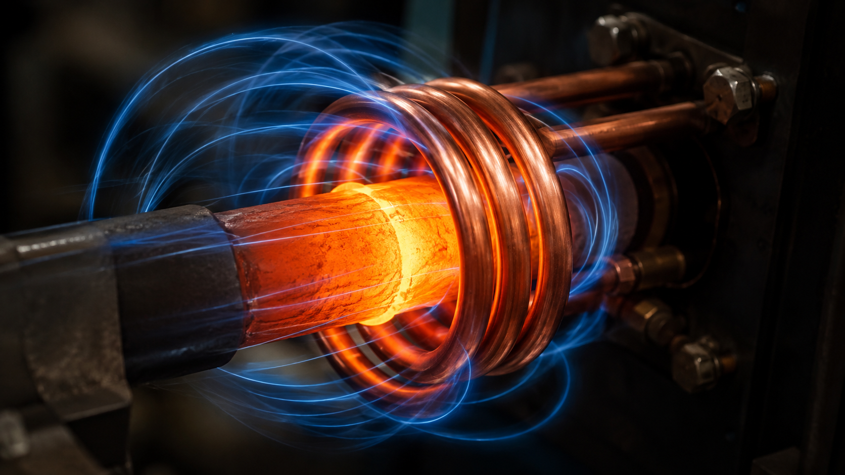 Electromagnetic induction coil generating a magnetic field around a heated steel workpiece