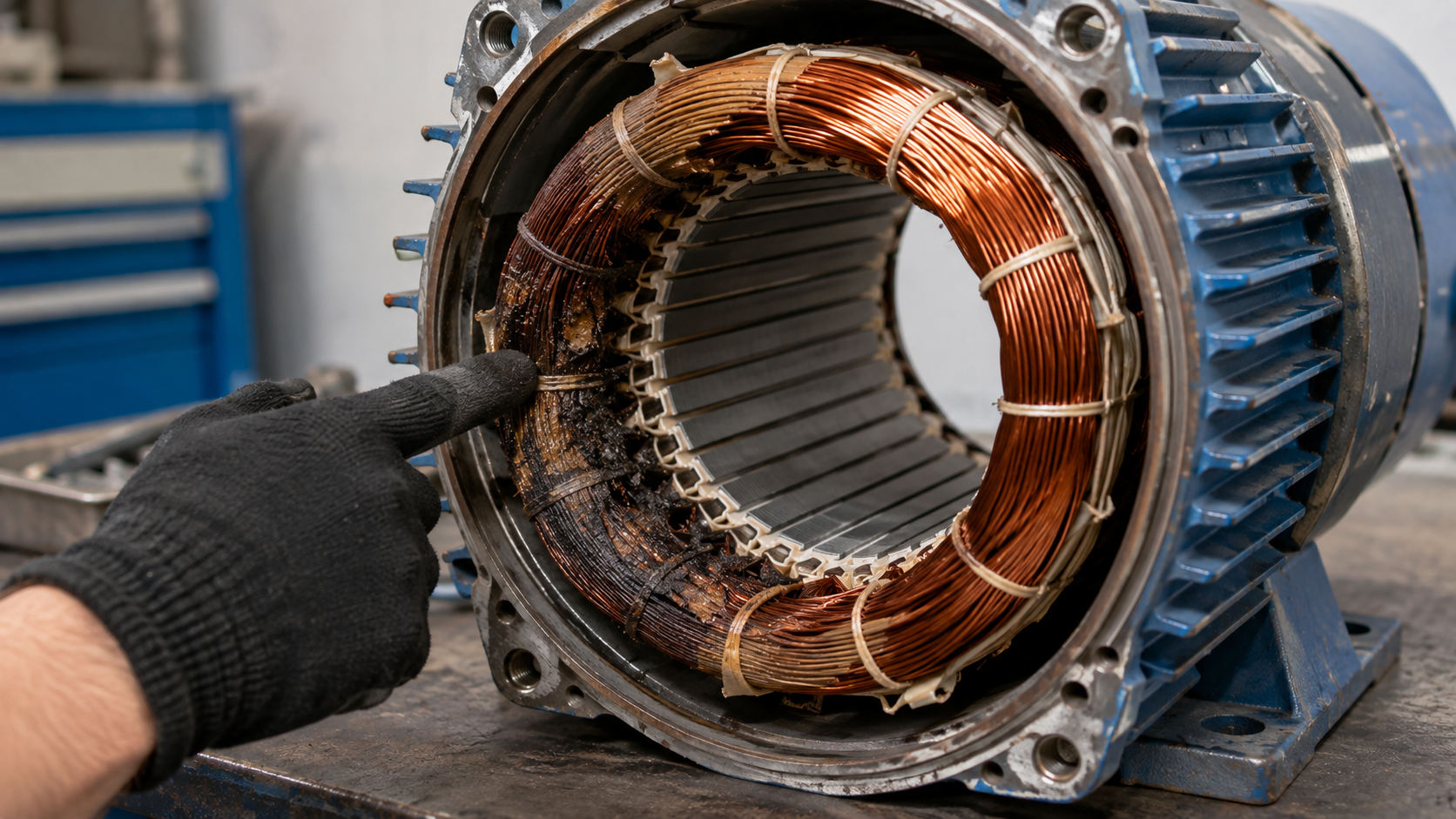 Motor winding failure showing discoloured stator coil from insulation overheating