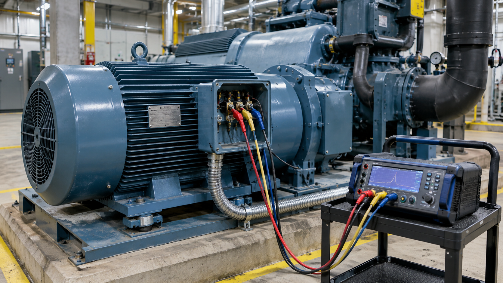 Technician connecting digital surge tester to rooftop HVAC condenser motor for winding test