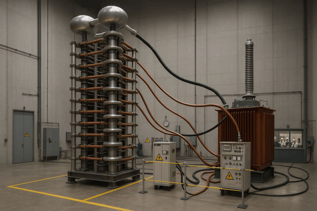 Industrial impulse voltage testing laboratory with Marx generator and transformer under test