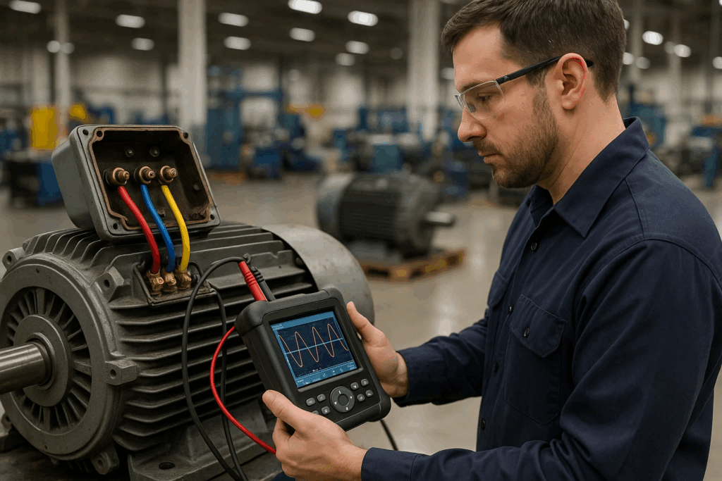 Industrial technician conducting surge voltage testing on three-phase motor during preventive maintenance