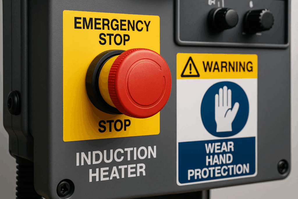 Close-up of an induction heater control panel with a red emergency stop button, warning sign, and hand protection safety label.
