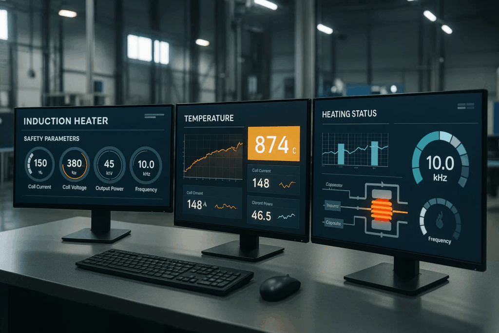 Industrial control station with three monitors displaying induction heater safety parameters, temperature readings, heating status, and frequency data.