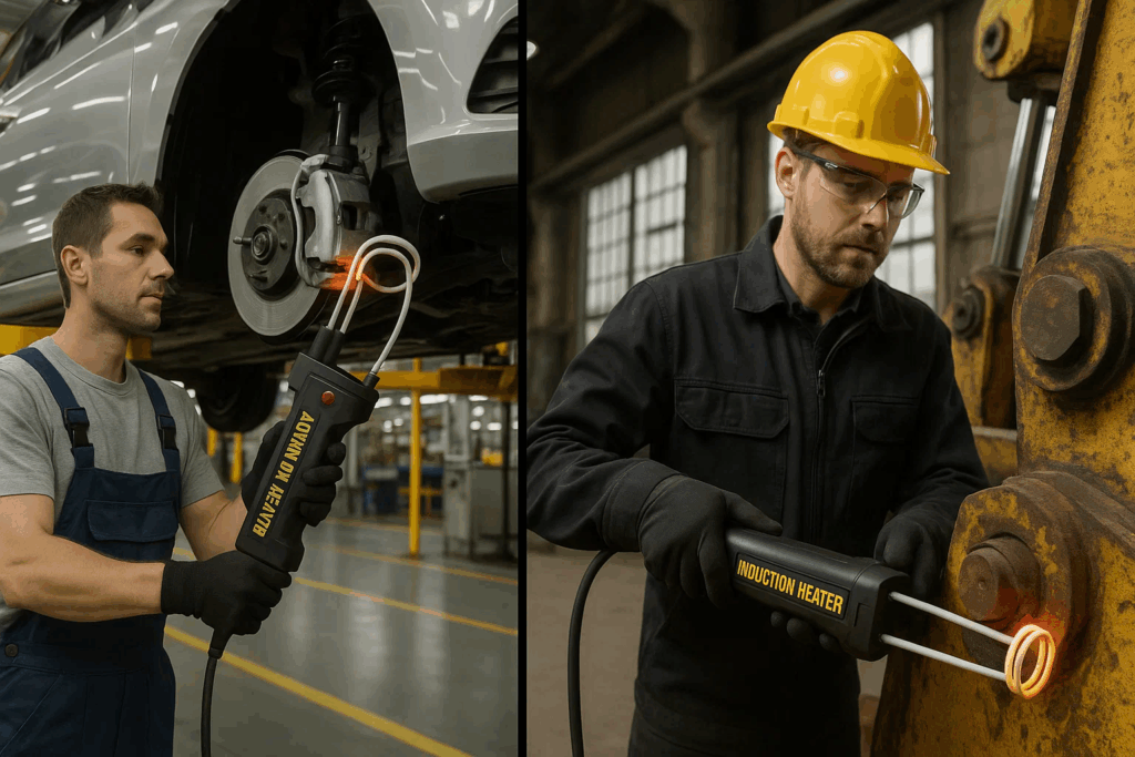 Two industrial workers using handheld induction heaters to heat metal components on a vehicle brake assembly and heavy machinery.