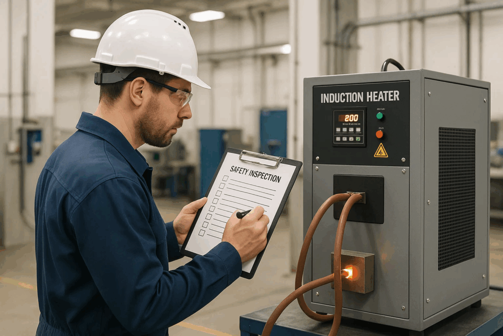 Industrial worker in protective equipment conducting a safety inspection of an induction heater while recording checks on a clipboard.