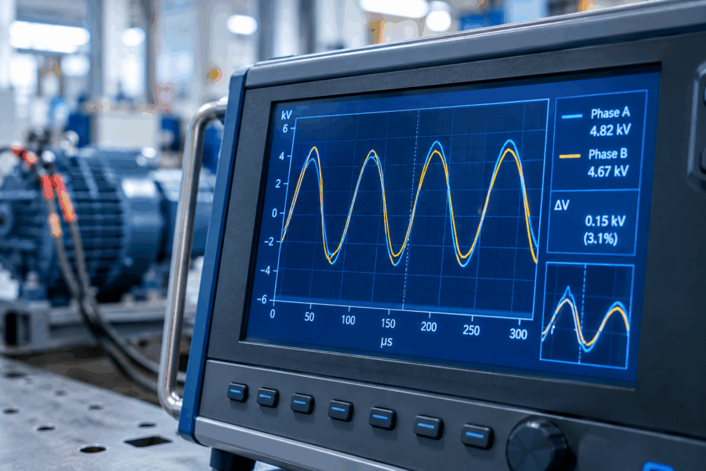 Digital surge tester screen showing waveform deviation between HVAC motor phases