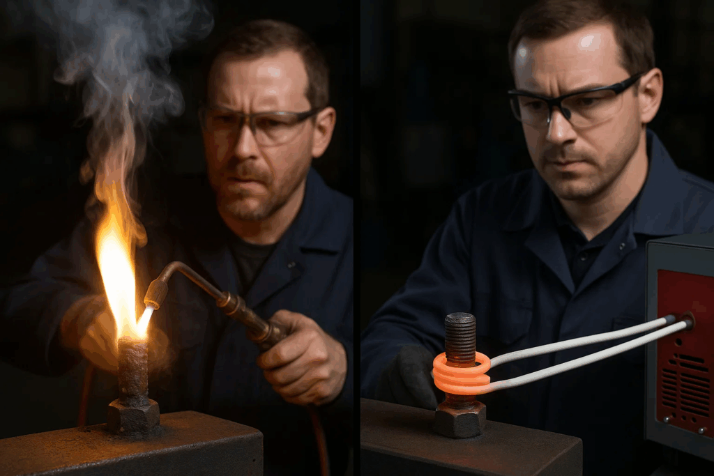 Comparison of traditional torch heating versus modern induction heating for bolt removal showing safety improvements