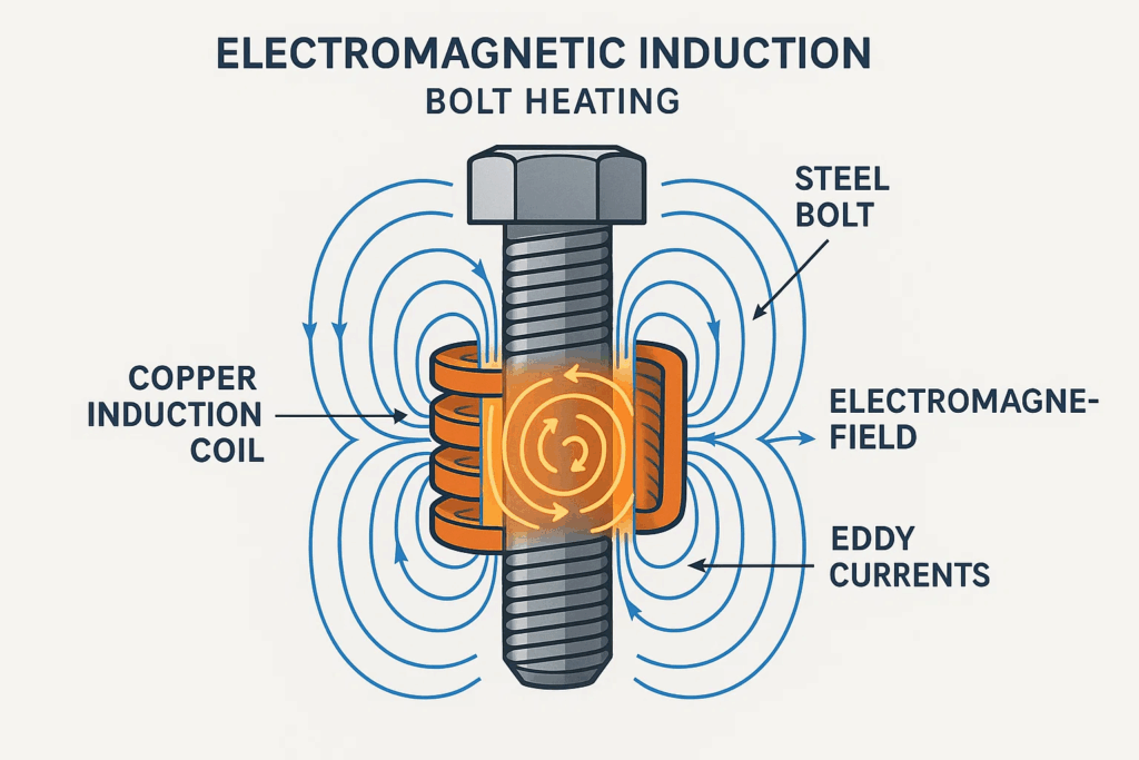 Electromagnetic induction heating process diagram showing coil, magnetic field, and eddy currents in bolt