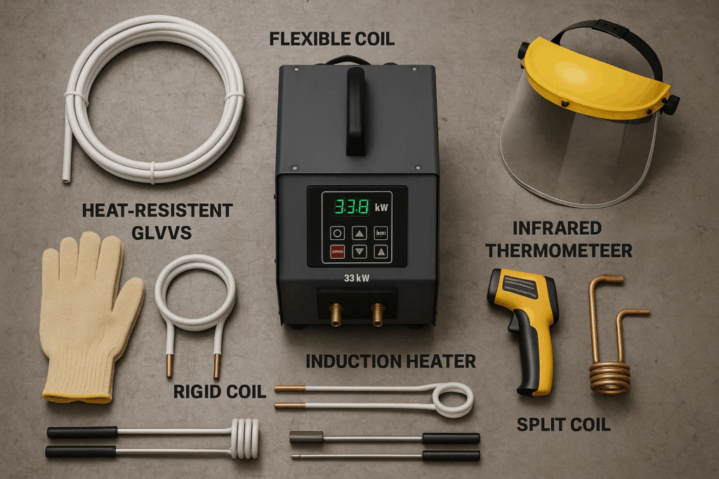 Complete induction heating equipment set including heater unit, coils, and safety gear for industrial bolt removal