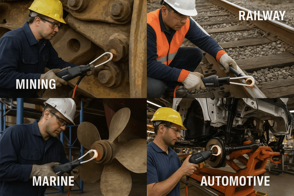 Induction heating bolt removal applications across mining, railway, marine, and automotive industries