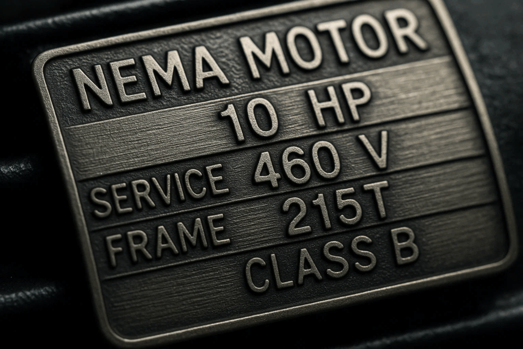 Detailed NEMA motor nameplate showing horsepower, service factor, and frame size specifications