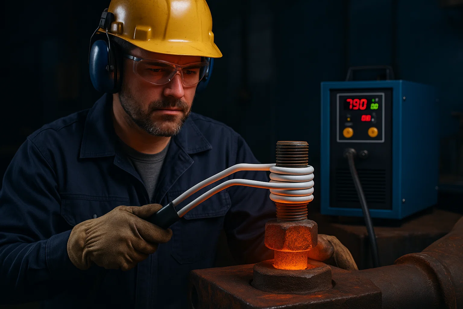 Industrial technician using induction heating equipment to remove seized bolt