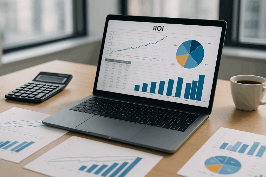 ROI calculation spreadsheet on laptop showing financial graphs and cost-benefit analysis for automated motor testing investment
