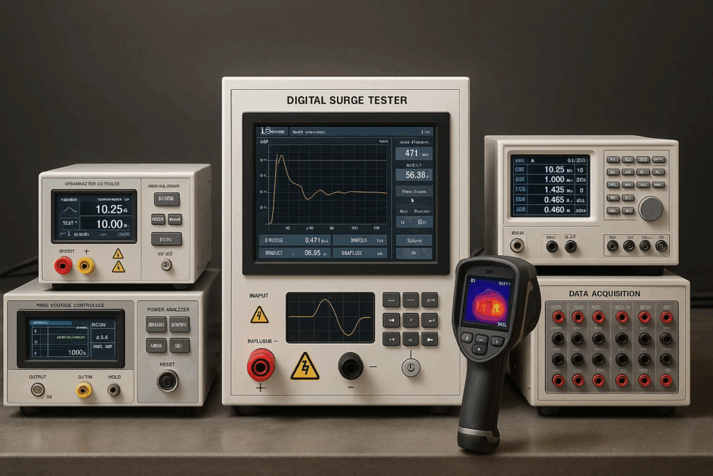 Advanced EV motor testing equipment including digital surge tester, dynamometer controller, and power analysis systems