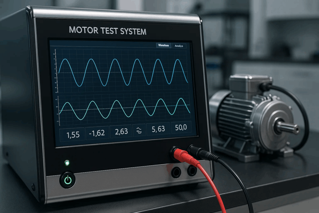 Digital motor testing equipment with LCD touchscreen displaying waveform analysis and electric motor connected with testing probes