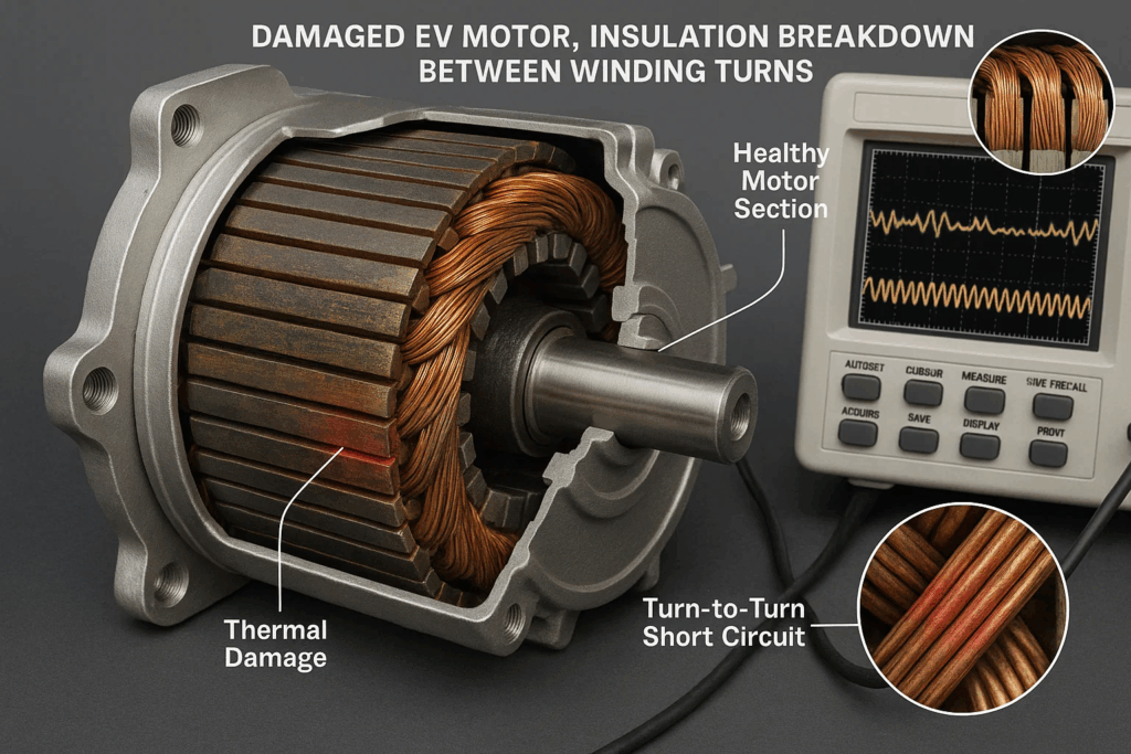Cross-section view of EV motor showing common failure modes including insulation breakdown and turn-to-turn winding faults