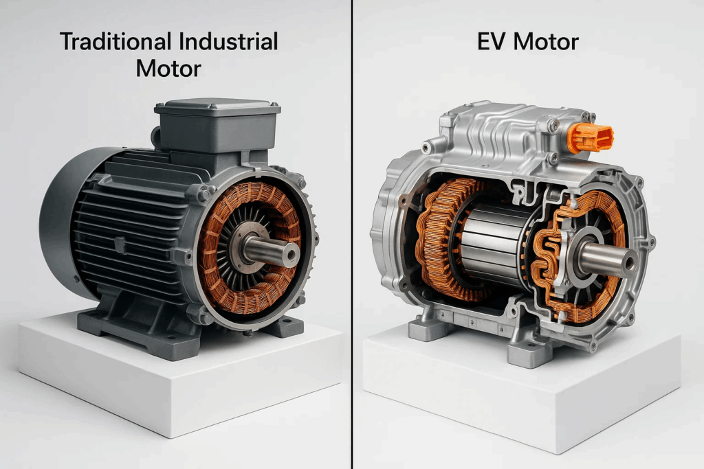 Side-by-side comparison of traditional industrial motor and compact EV traction motor showing design and construction differences