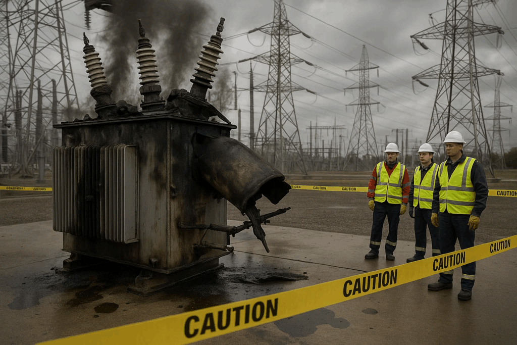 Industrial transformer failure consequences showing equipment damage and emergency response highlighting importance of preventive testing