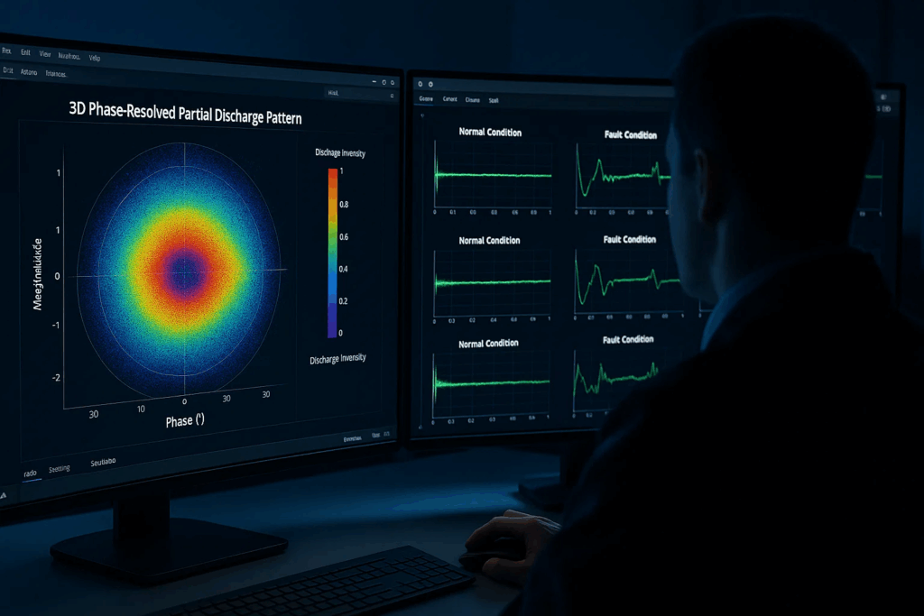 Engineer analyzing phase-resolved partial discharge PRPD patterns on dual monitors showing colorful diagnostic data visualization