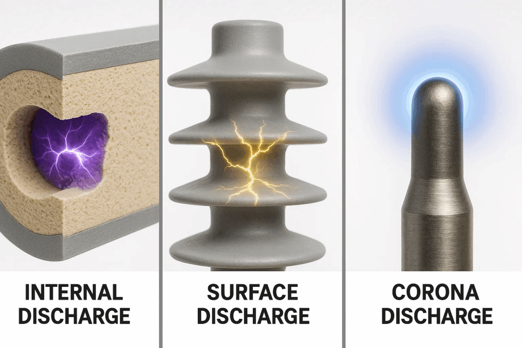 Three types of partial discharge illustrated: internal void discharge, surface tracking discharge, and corona discharge phenomena