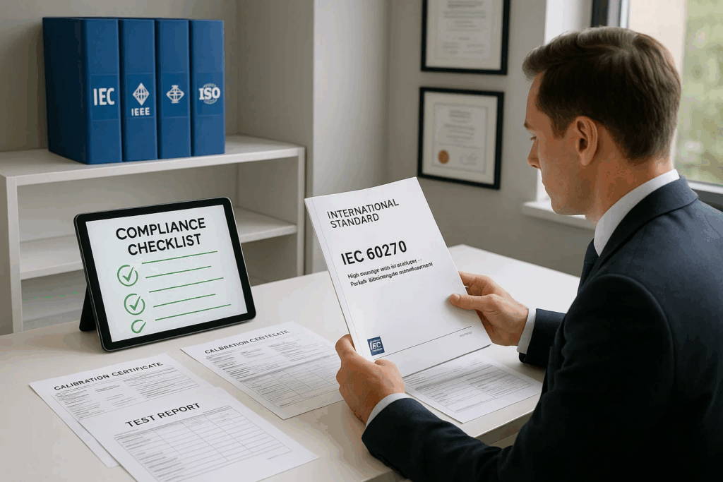 Engineer reviewing IEC 60270 partial discharge testing standards and compliance documentation in professional office setting