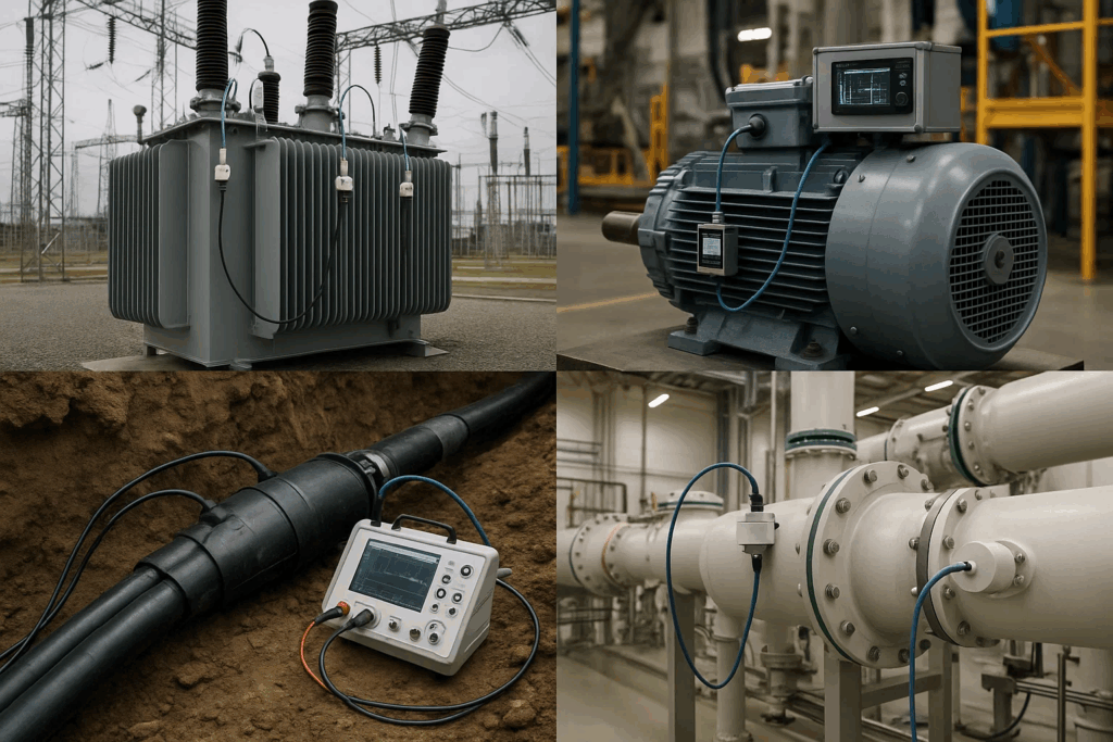 Partial discharge testing applications across transformers, motors, cables, and switchgear in various industrial settings