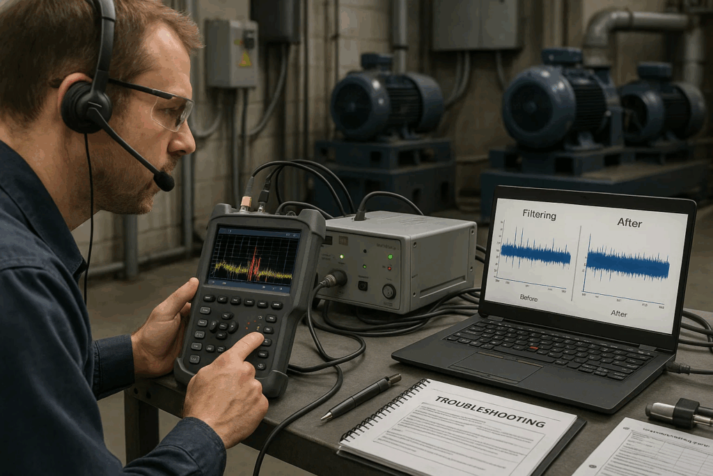 Technician troubleshooting electromagnetic interference challenges during partial discharge testing using spectrum analysis and filtering solutions