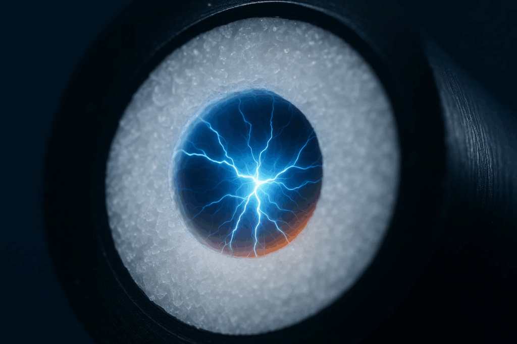 Macro photograph of partial discharge plasma arc inside cable insulation void showing electrical breakdown phenomenon