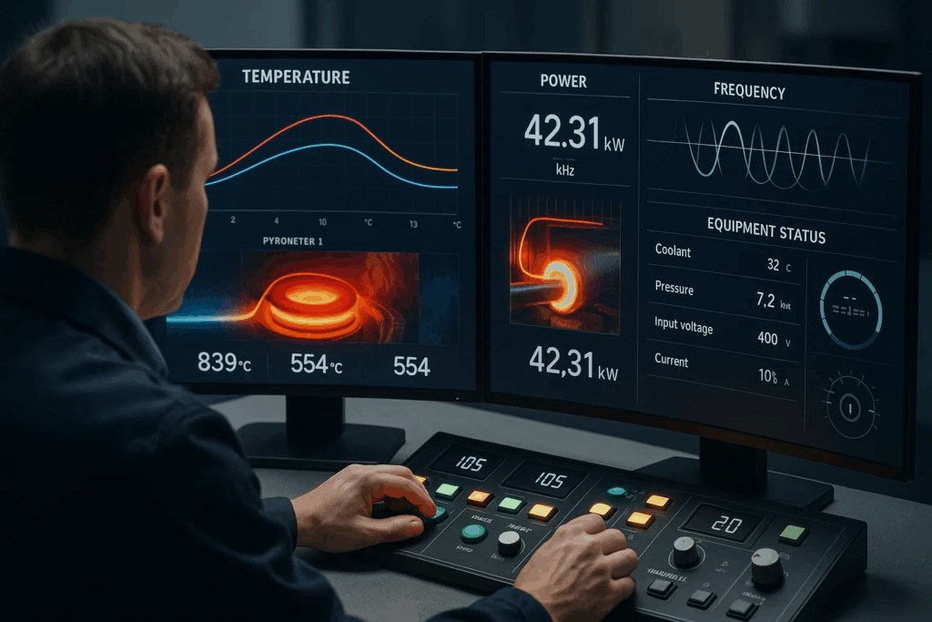 Operator monitoring induction heating parameters including temperature, frequency, and power settings on dual control screens