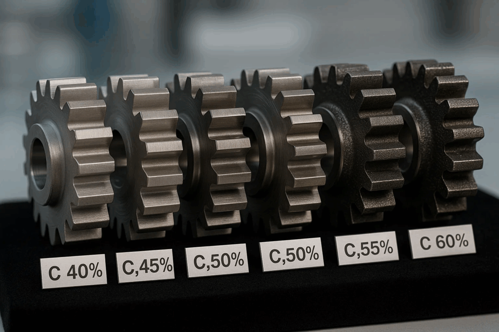 Steel gear material samples showing different carbon content grades for induction hardening applications