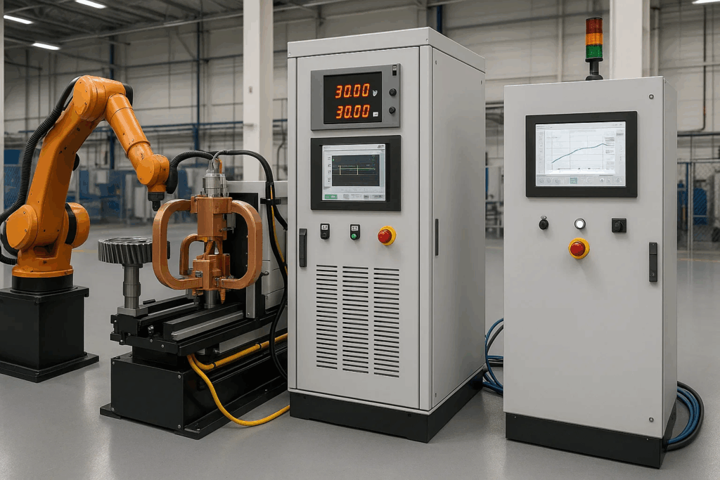 Complete induction gear hardening system showing power generator, positioning system, coil assembly, and automation integration