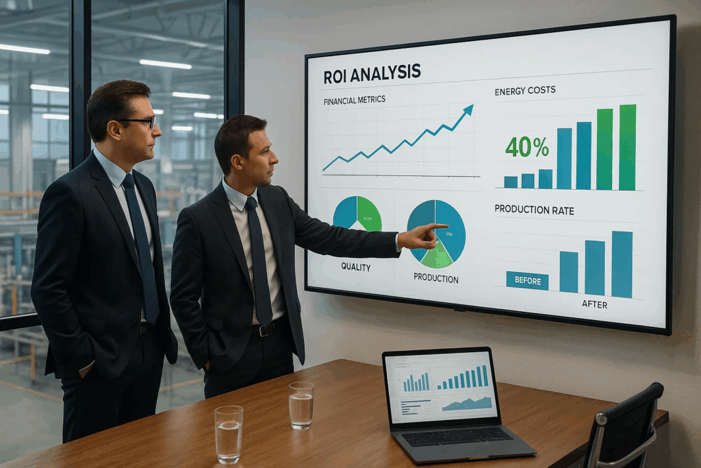 Business meeting analyzing induction hardening ROI with cost savings graphs and production efficiency metrics on display