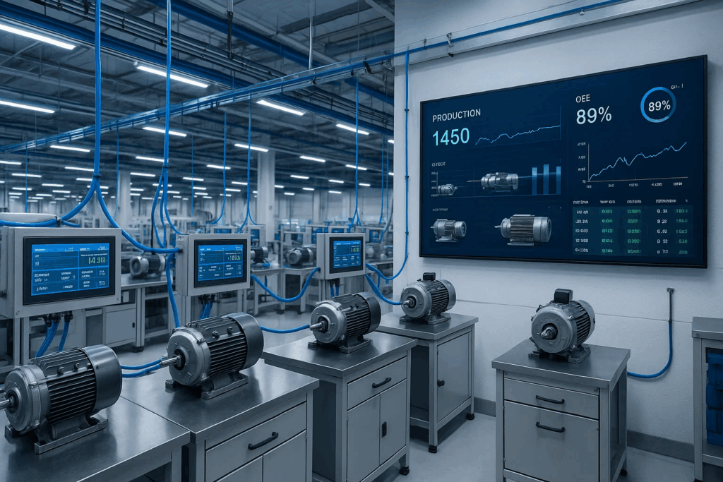 Integrated manufacturing automation system with networked motor testing stations and real-time production monitoring dashboard