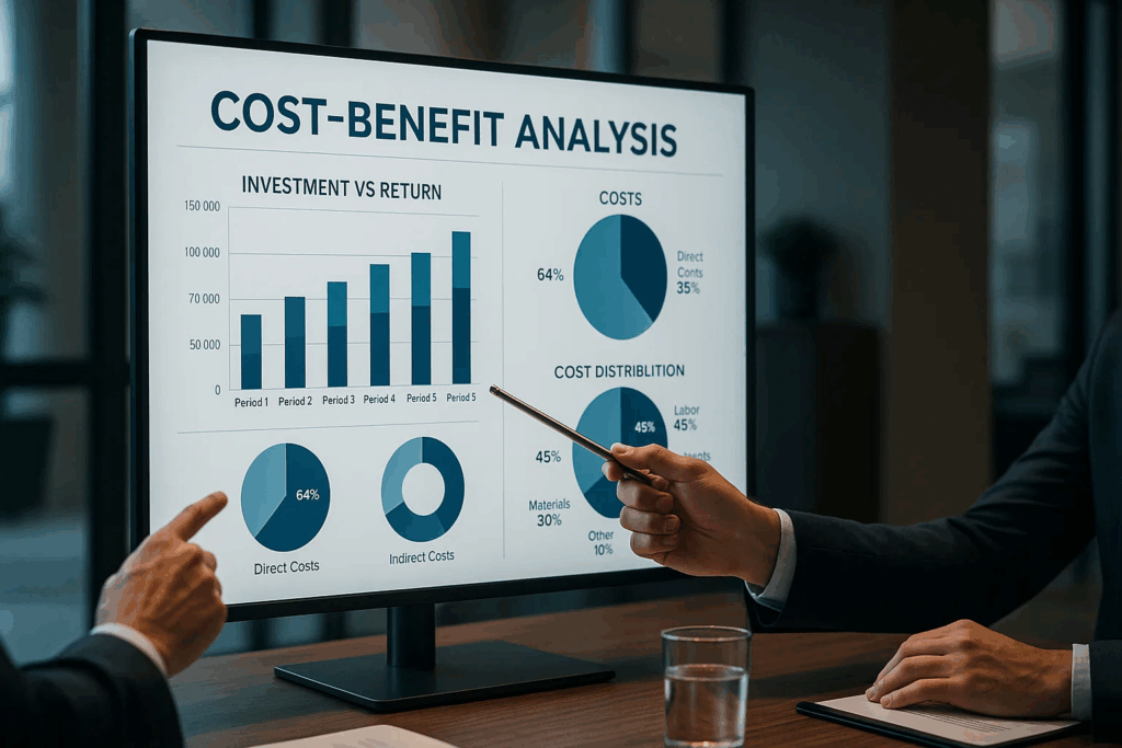 Financial presentation showing cost-benefit breakdown with investment returns and ROI metrics for motor testing automation