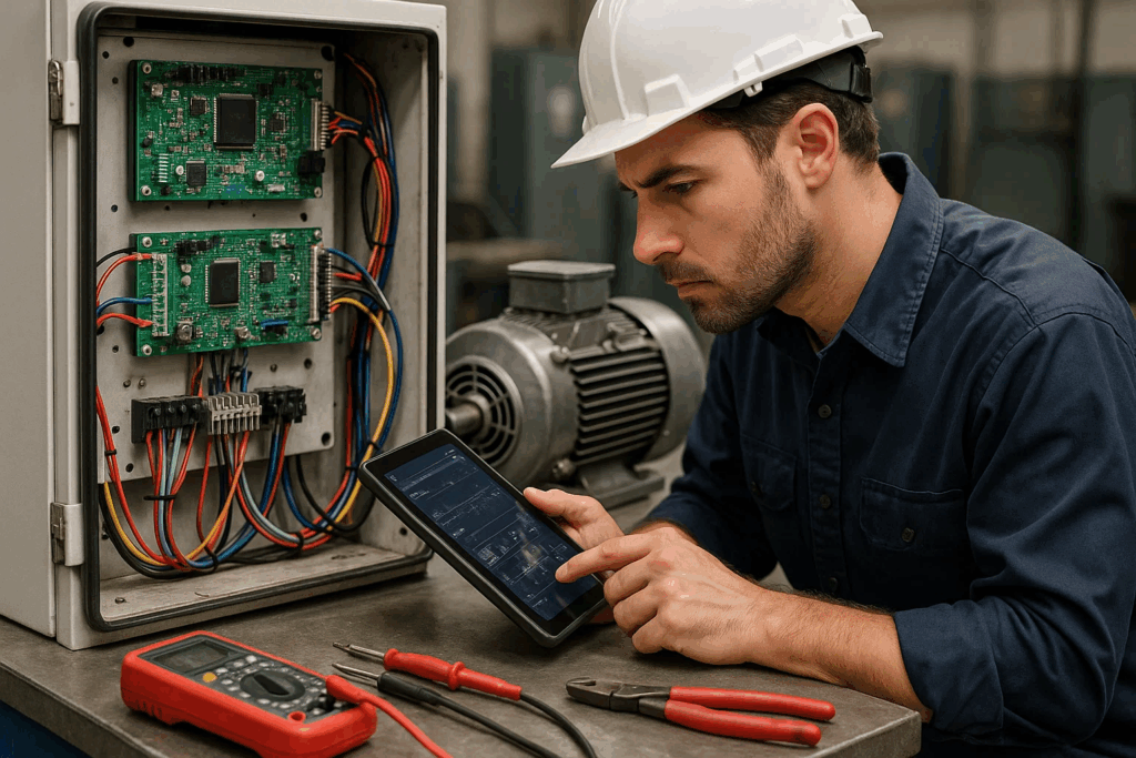 Maintenance engineer diagnosing automated motor testing equipment with diagnostic tablet and opened control panel