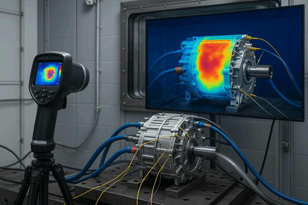 EV motor thermal testing with infrared imaging showing temperature distribution during dynamometer performance validation