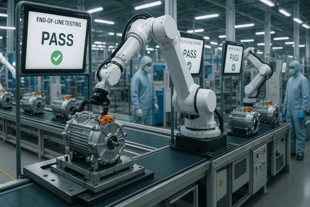 Automated end-of-line testing station with robotic handling for EV motor quality assurance in automotive production facility
