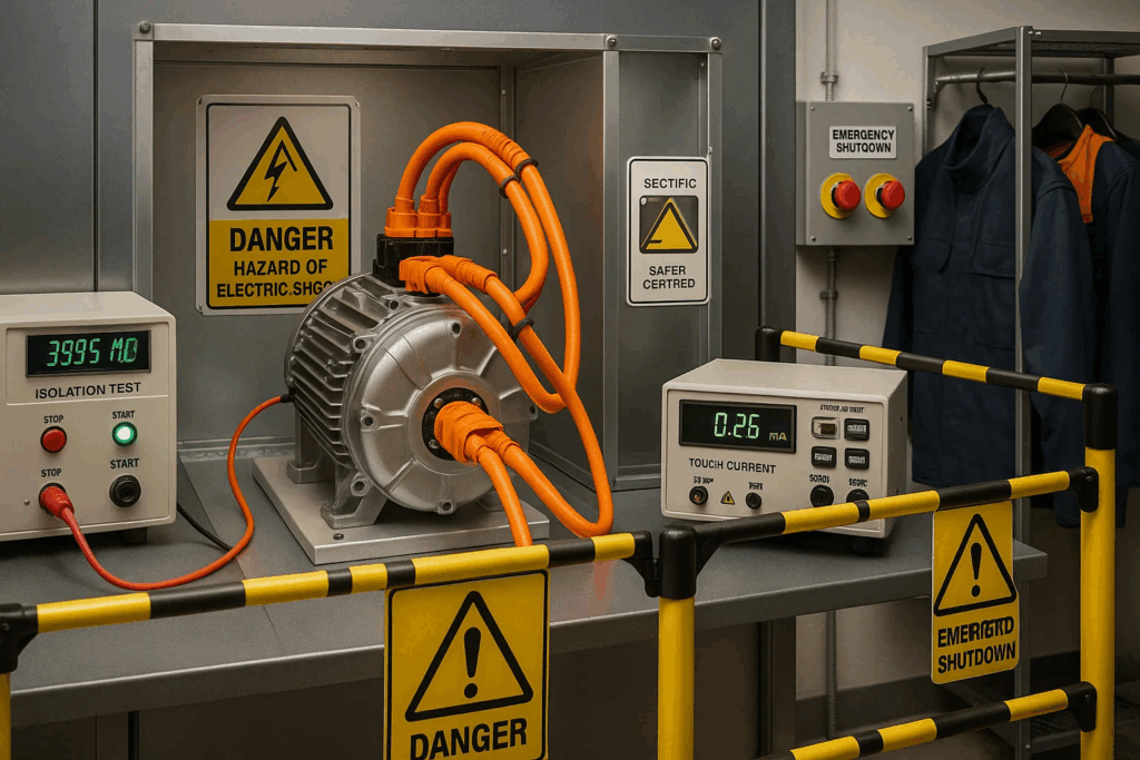 High-voltage electrical safety testing equipment for EV motor isolation resistance and touch current validation