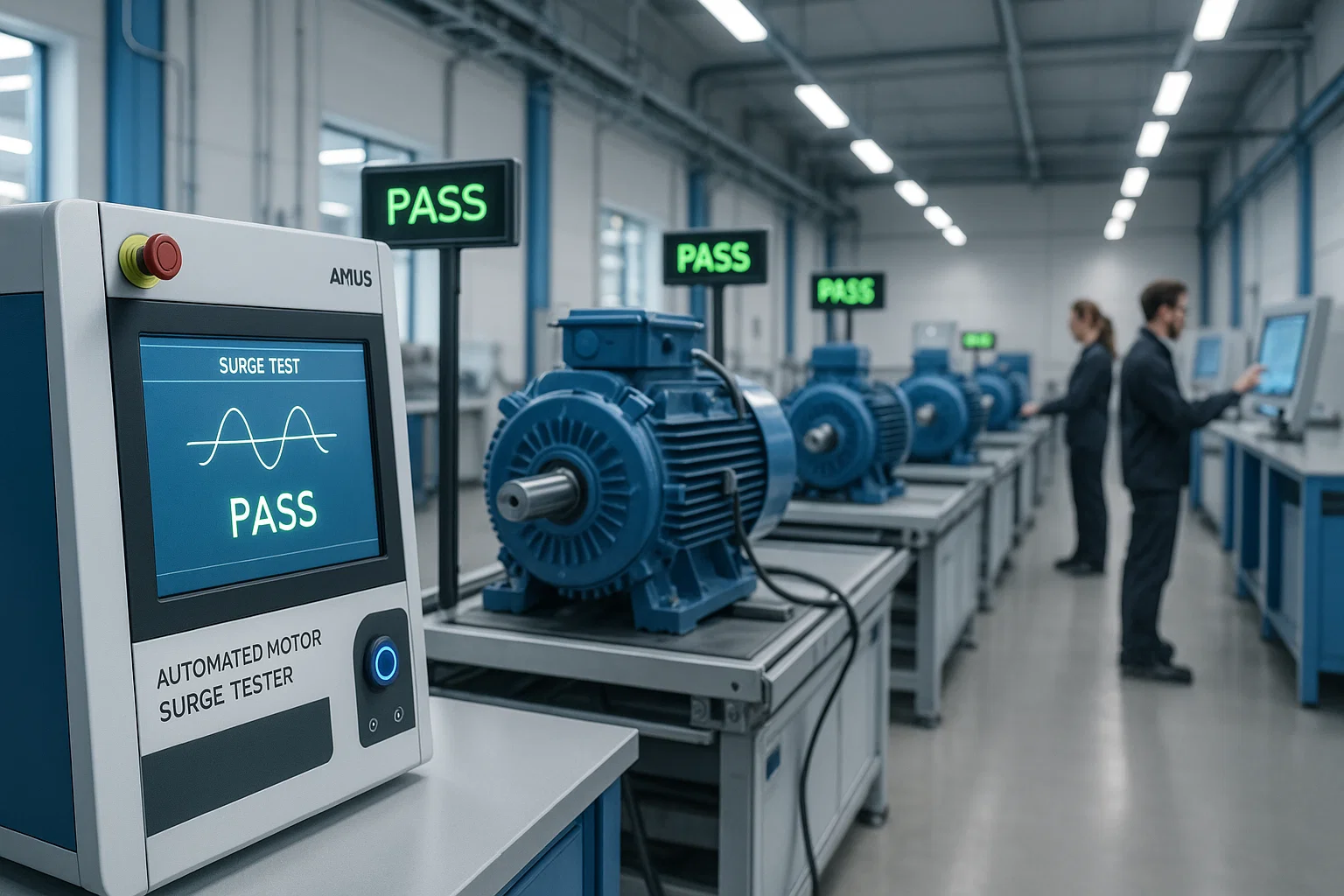 Automated motor testing systems in modern manufacturing facility with digital surge testers and engineers monitoring quality control processes