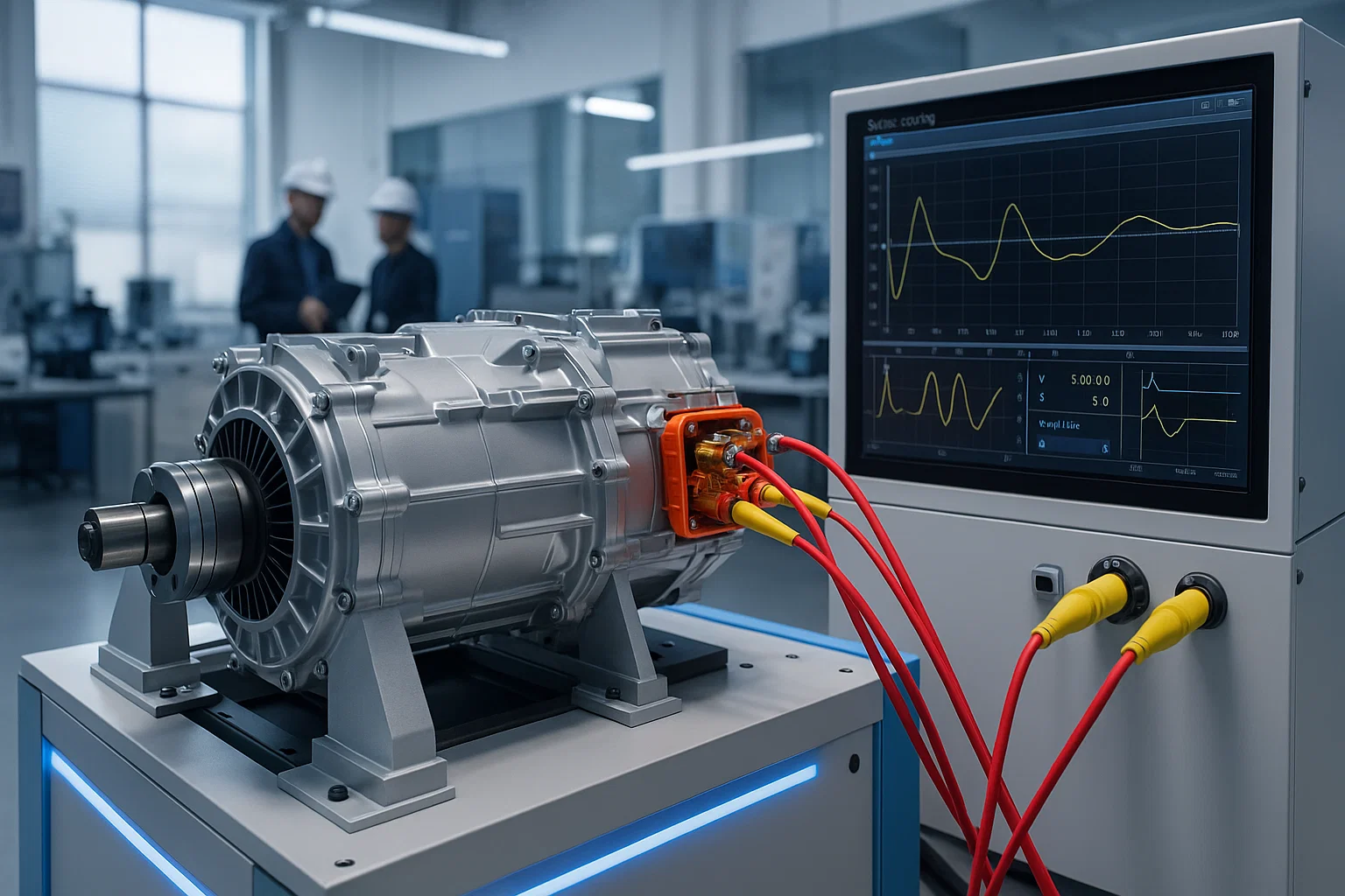 Electric vehicle motor testing system with digital surge tester and dynamometer in modern automotive quality assurance facility