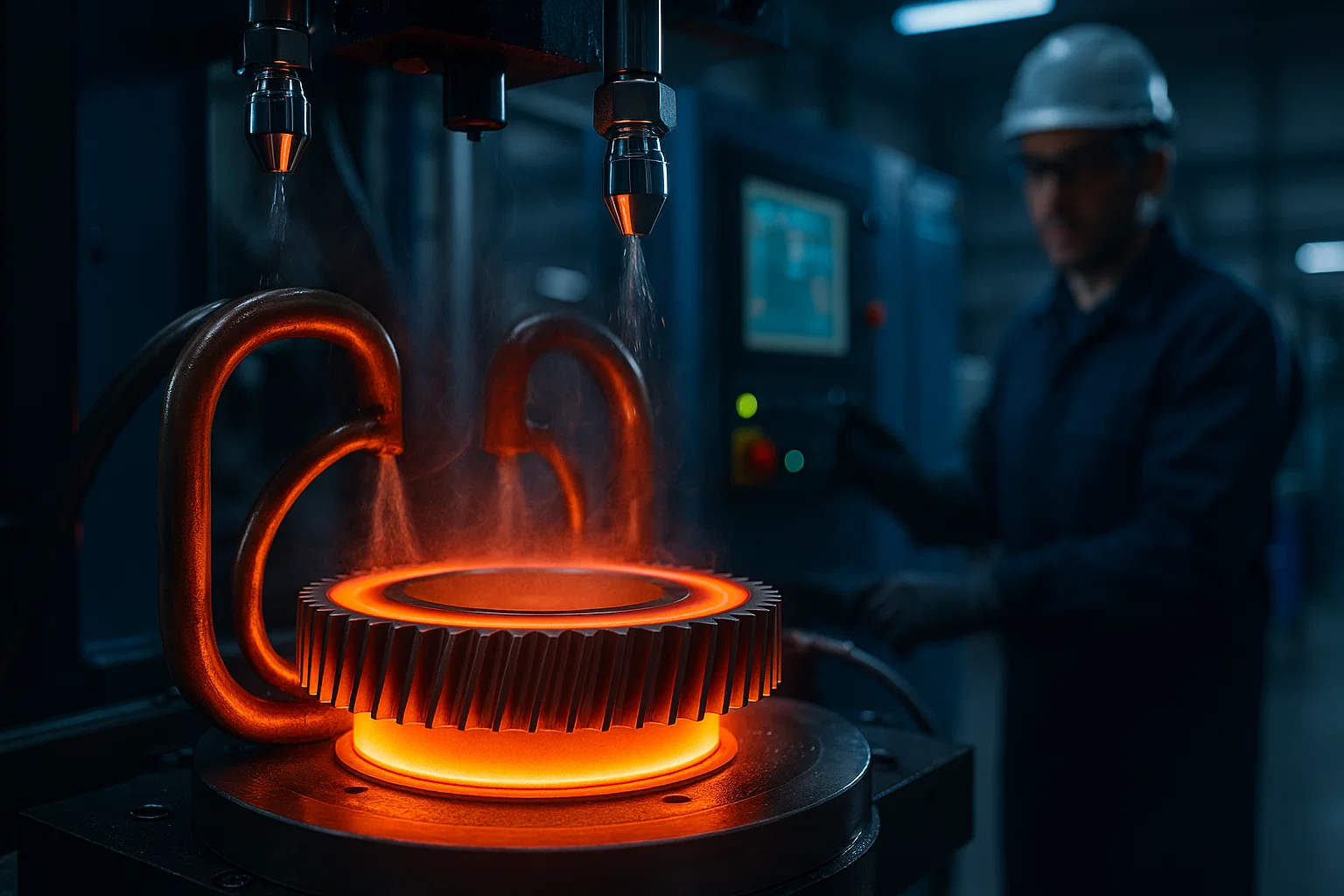 Industrial gear induction hardening process showing glowing steel gear in copper coil with technician monitoring treatment