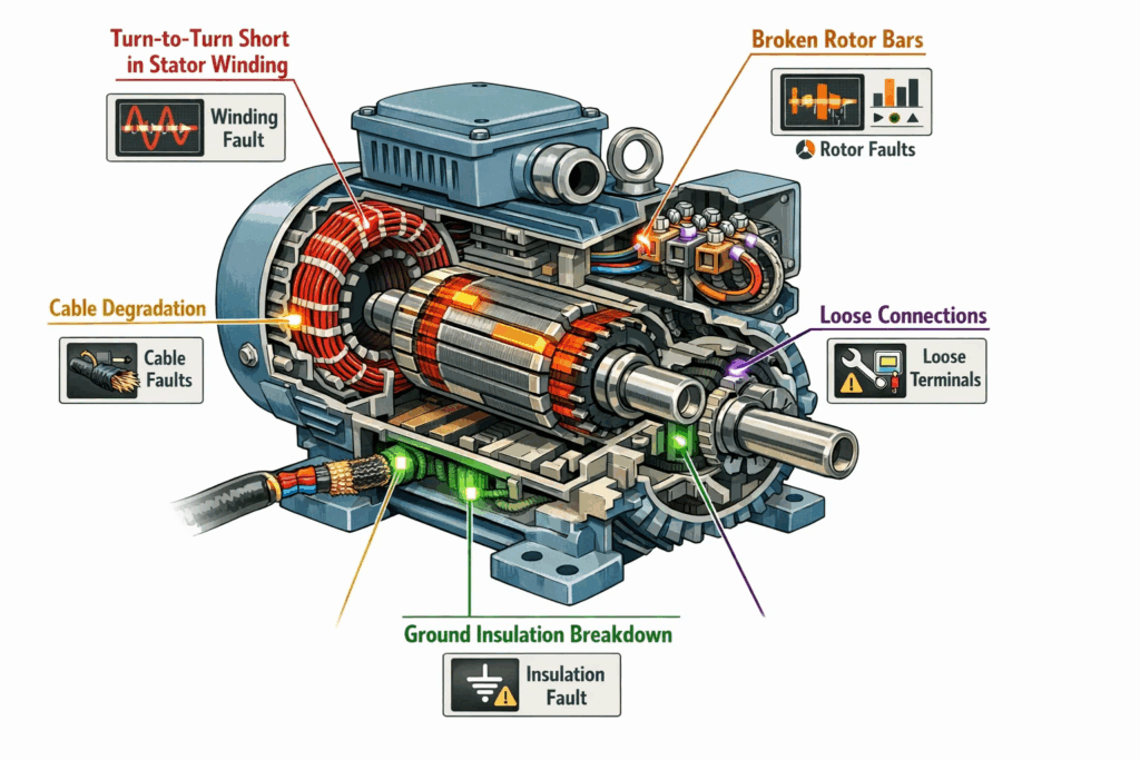 Motor faults detected by MCA including winding and rotor defects